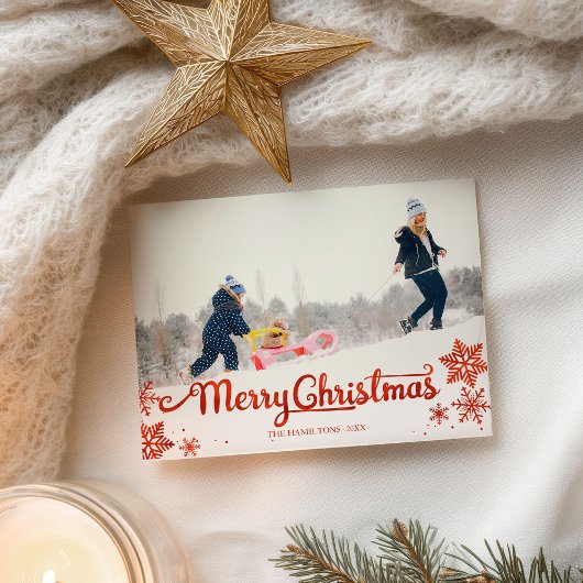 かわいい赤いスクリプトフォトスノーフレーククリスマス ポストカード