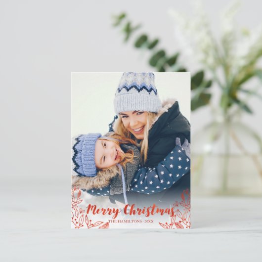 かわいい赤いスクリプト写真メリークリスマス ポストカード (スタンド正面)