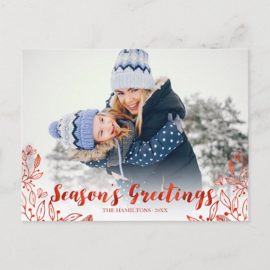 かわいい赤いスクリプト写真冬の葉のクリスマス ポストカード (正面)