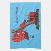 かわいい赤いスチームショベルディガー漫画イラストレーション キッチンタオル (縦)