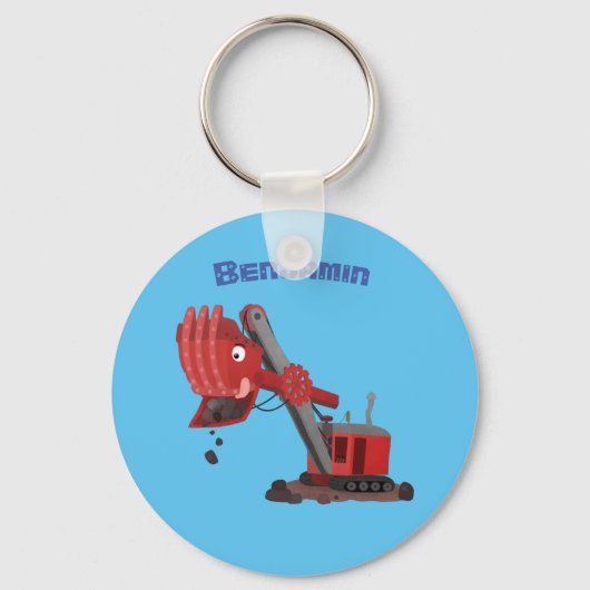 かわいい赤いスチームショベルディガー漫画イラストレーション キーホルダー (正面)