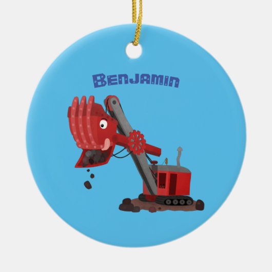 かわいい赤いスチームショベルディガー漫画イラストレーション セラミックオーナメント (正面)