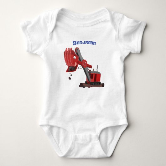 かわいい赤いスチームショベルディガー漫画イラストレーション ベビーボディスーツ (正面)