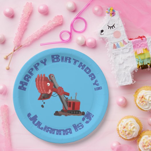 かわいい赤いスチームショベルディガー漫画イラストレーション ペーパープレート (パーティー)