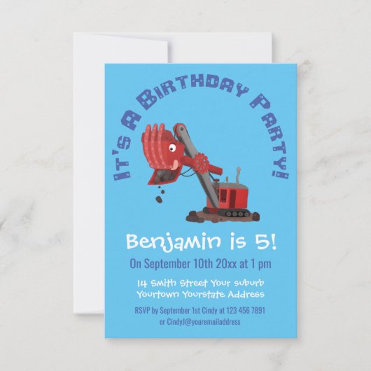 かわいい赤いスチームショベルディガー漫画イラストレーション 招待状 (正面)