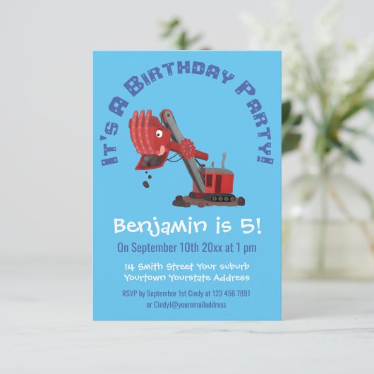 かわいい赤いスチームショベルディガー漫画イラストレーション 招待状 (スタンド正面)