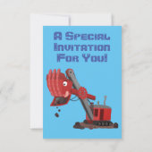 かわいい赤いスチームショベルディガー漫画イラストレーション 招待状 (裏面)