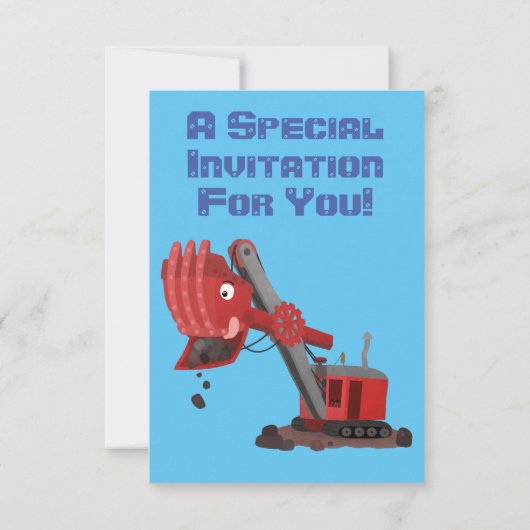 かわいい赤いスチームショベルディガー漫画イラストレーション 招待状 (裏面)