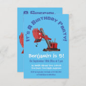 かわいい赤いスチームショベルディガー漫画イラストレーション 招待状 (正面/裏面)