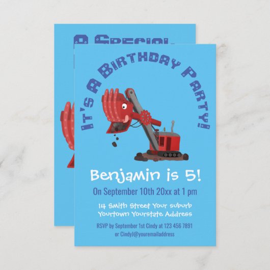 かわいい赤いスチームショベルディガー漫画イラストレーション 招待状 (正面/裏面)