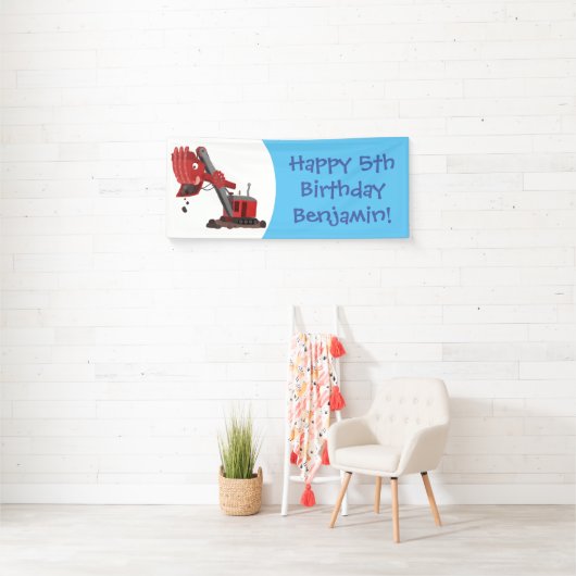 かわいい赤いスチームショベルディガー漫画イラストレーション 横断幕 (インサイチュ)