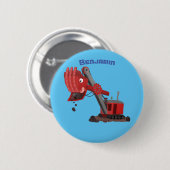 かわいい赤いスチームショベルディガー漫画イラストレーション 缶バッジ (正面&裏面)