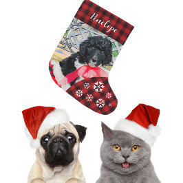 かわいい赤いチェックの犬の名前入りカスタムギフト ラージクリスマスストッキング