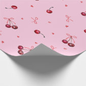 かわいい赤いチェリーの弓 ハート ピンク ラッピングペーパー (角)