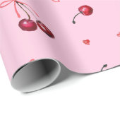 かわいい赤いチェリーの弓 ハート ピンク ラッピングペーパー (ロールコーナー)