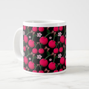 かわいい赤いチェリーの花柄 ジャンボコーヒーマグカップ