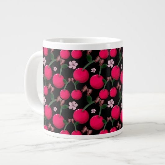 かわいい赤いチェリーの花柄 ジャンボコーヒーマグカップ (正面左)