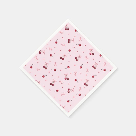 かわいい赤いチェリー ハートの弓がピンクの背景 スタンダードカクテルナプキン (角)
