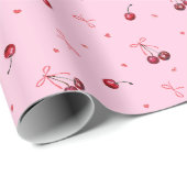 かわいい赤いチェリー ハートの弓がピンクの背景 ラッピングペーパー (ロールコーナー)