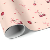 かわいい赤いチェリー ハート ボウ ソフトオレンジ ラッピングペーパー (ロールコーナー)