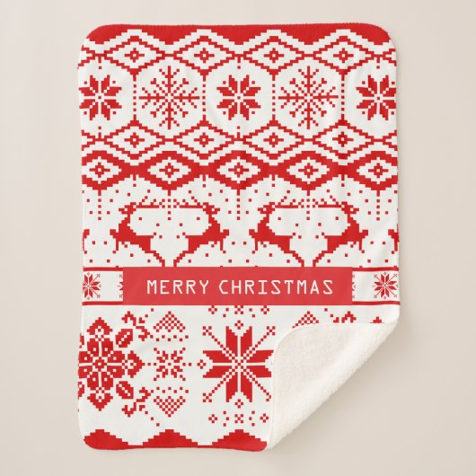 かわいい赤いトナカイと雪片 シェルパブランケット (正面)