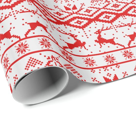 かわいい赤いトナカイと雪片 ラッピングペーパー (ロールコーナー)