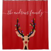かわいい赤いトナカイの白熱［赤熱］光を放つ鹿のクリスマスライト シャワーカーテン (正面)