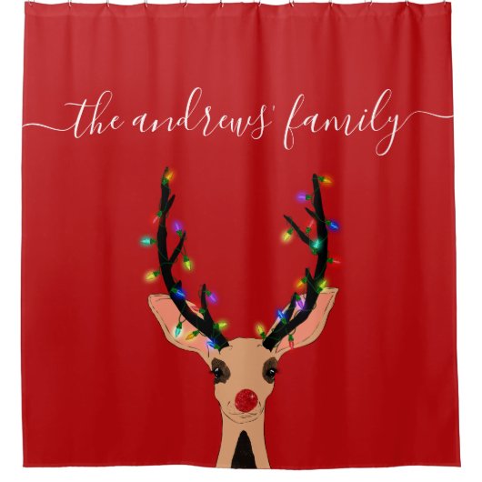 かわいい赤いトナカイの白熱［赤熱］光を放つ鹿のクリスマスライト シャワーカーテン (正面)