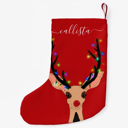 かわいい赤いトナカイの白熱［赤熱］光を放つ鹿のクリスマスライト スモールクリスマスストッキング (裏面)