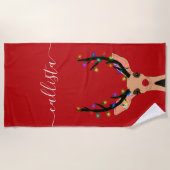 かわいい赤いトナカイの白熱［赤熱］光を放つ鹿のクリスマスライト ビーチタオル (正面)