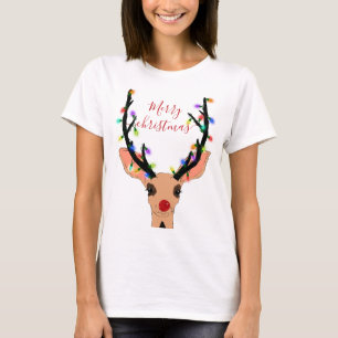 かわいい赤いトナカイの白熱［赤熱］光を放つ鹿のクリスマスライト Tシャツ