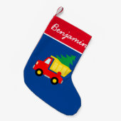 かわいい赤いトラックとクリスマスツリーの子どものストッキング スモールクリスマスストッキング (正面 (吊り時))