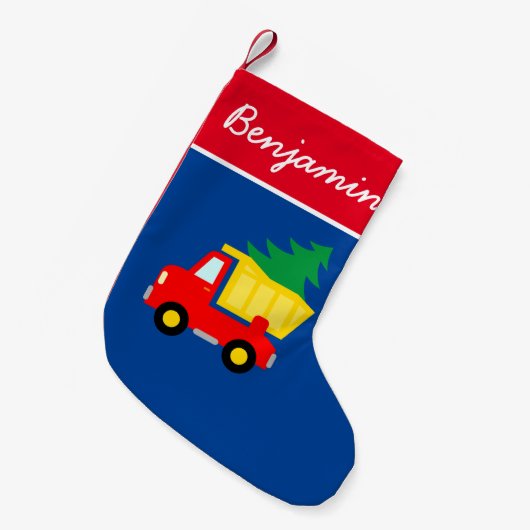 かわいい赤いトラックとクリスマスツリーの子どものストッキング スモールクリスマスストッキング (正面 (吊り時))