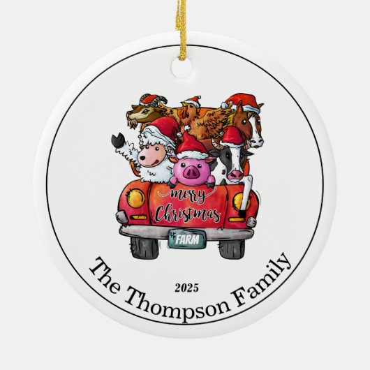 かわいい赤いトラックのクリスマスネームファーム動物 セラミックオーナメント (裏面)