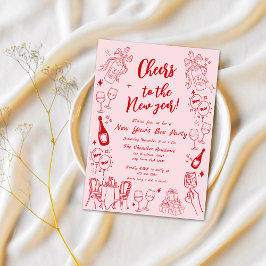 かわいい赤いトリッキーな大晦日パーティーの落書き 招待状