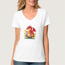 かわいい赤いドラゴンと水仙 Tシャツ