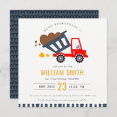 かわいい赤いネイビーダンプトラックキッズ任意の年齢誕生日 招待状 (正面/裏面)