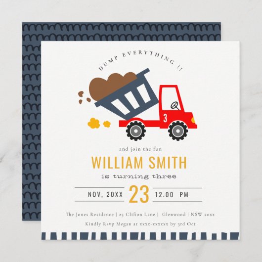 かわいい赤いネイビーダンプトラックキッズ任意の年齢誕生日 招待状 (正面/裏面)