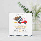 かわいい赤いネイビーダンプトラックキッズ任意の年齢誕生日 招待状 (スタンド正面)