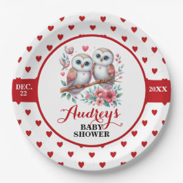 かわいい赤いハートとフクロウ ペーパープレート