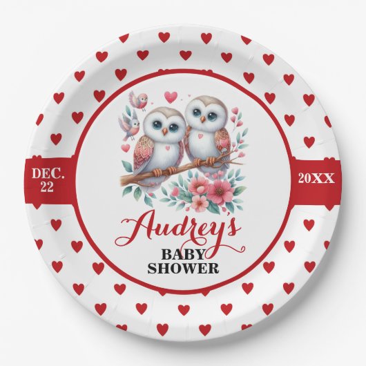 かわいい赤いハートとフクロウ ペーパープレート (正面)