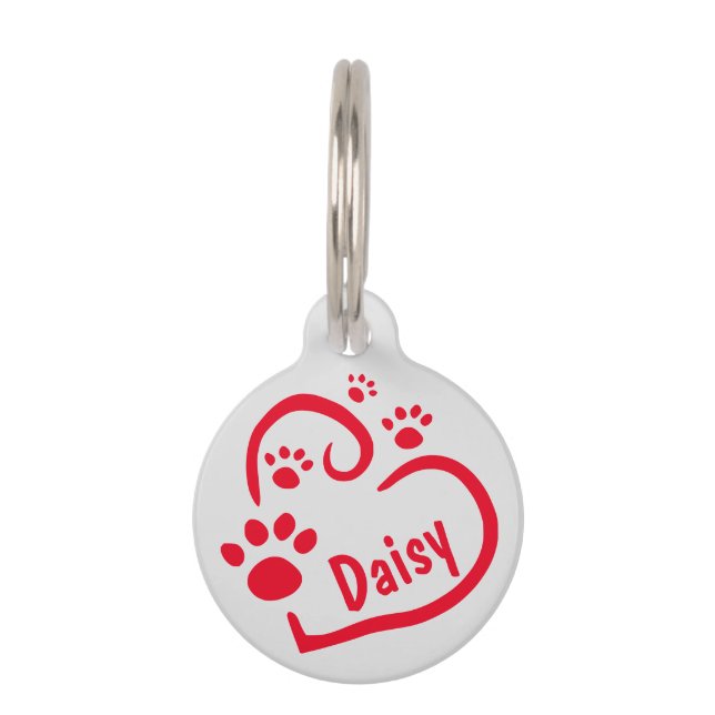 かわいい赤いハートと肉筆画とペット名カスタム付 ペット　ネームタグ (正面)
