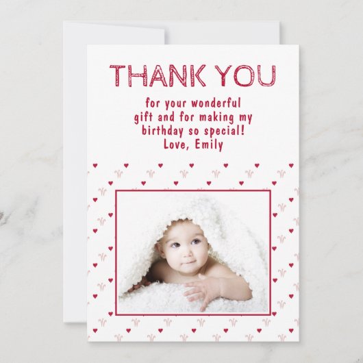 かわいい赤いハートのパターン写真 サンキューカード (正面)