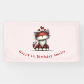 かわいい赤いハートの猫の誕生日デザイン 横断幕 (横)