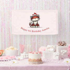 かわいい赤いハートの猫の誕生日デザイン 横断幕