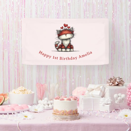 かわいい赤いハートの猫の誕生日デザイン 横断幕 (パーティー)