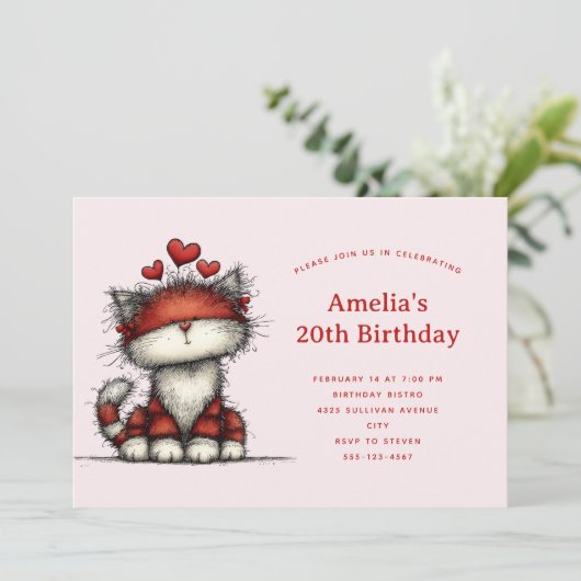 かわいい赤いハートの猫の誕生日 招待状 (スタンド正面)