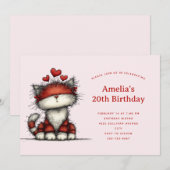 かわいい赤いハートの猫の誕生日 招待状 (正面/裏面)