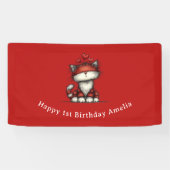 かわいい赤いハートの猫 お誕生日おめでとう 横断幕 (横)