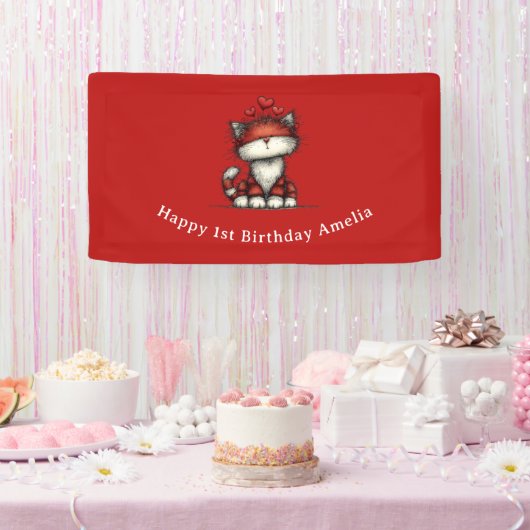 かわいい赤いハートの猫 お誕生日おめでとう 横断幕 (パーティー)
